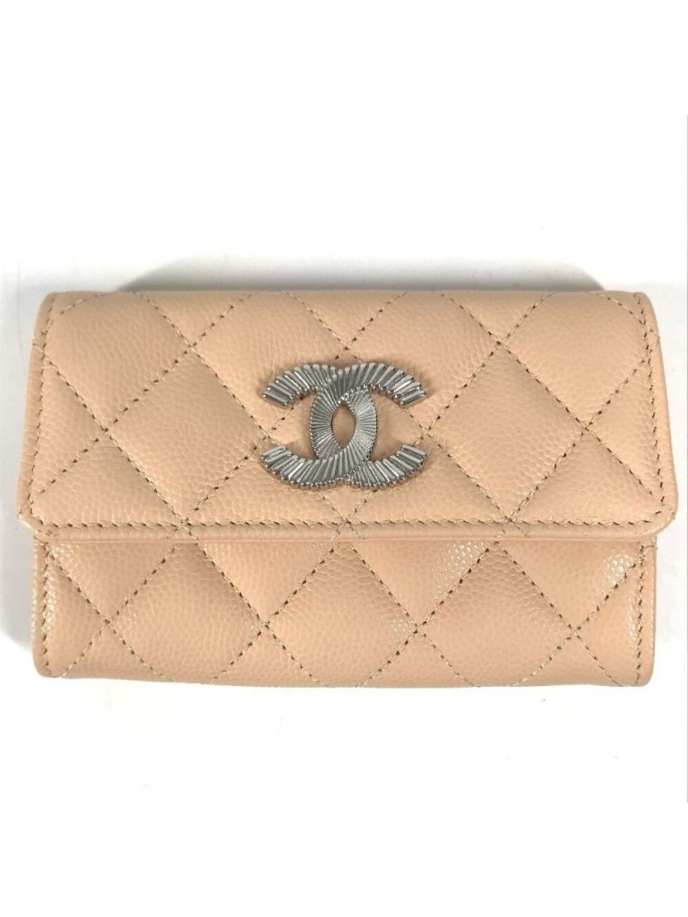 Chanel Card Case CC Logo Caviar Leather Beige